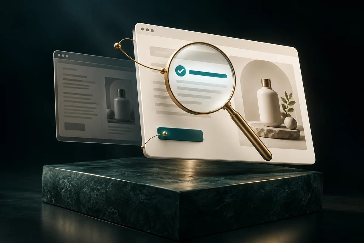 A magnifying glass brings a product page’s message into focus.